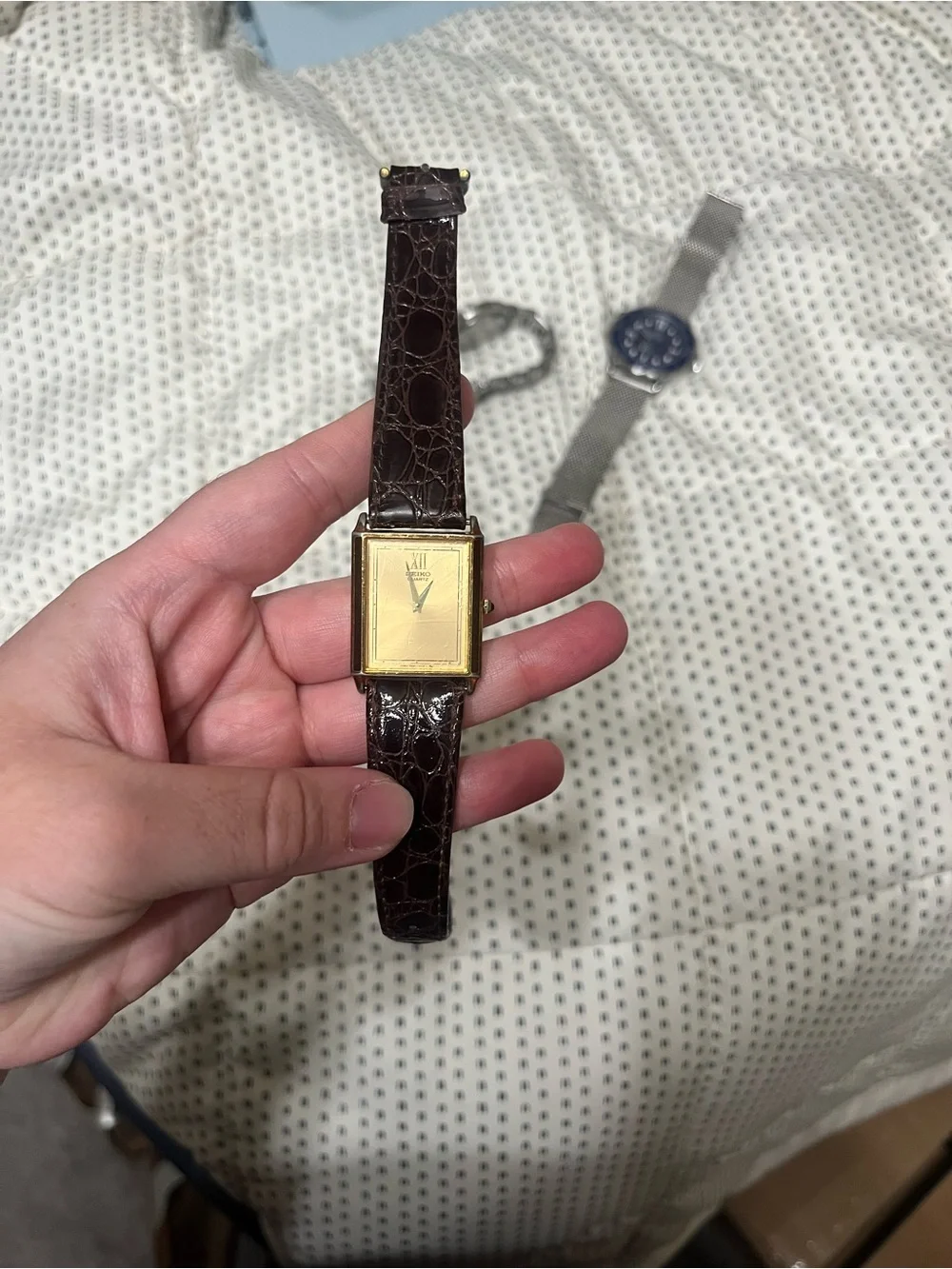 Seiko Tank Watch Unisex Gold Dial Brown Leather Strap Watch
